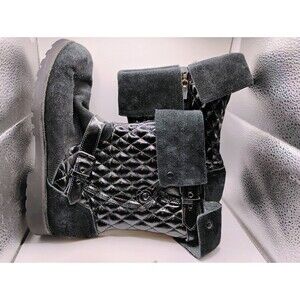 EUC UGG AUSTRALIA 1008428 CLASSIC MINI WOVEN LEATHER SHEARLING FUR BOOTIES